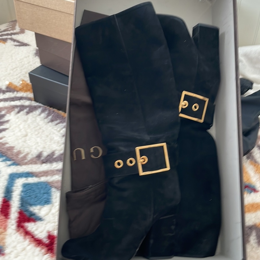 Gucci Kesha Suede High Heel Boots with Gold Buckle. Black 37.5